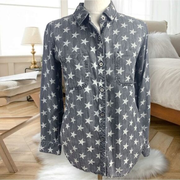 RAILS DENIM CHAMBRAY GREY WHITE STAR PRINT LYOCELL TENCEL BUTTON DOWN SHIRT SM - Picture 5 of 13